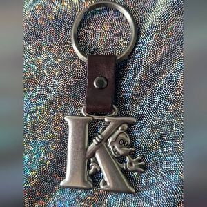 Disney Mickey Mouse Letter K Silver Tone & Leather Key Chain Ring